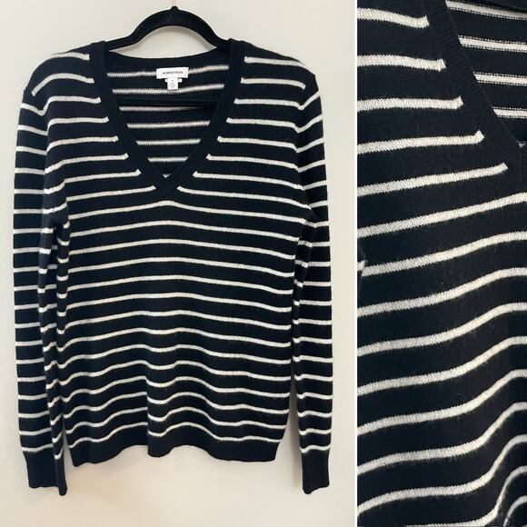 Nordstrom 100% Cashmere‎ Classic Preppy Minimalist V-Neck Boxy Stripe Sweater M - Picture 1 of 8
